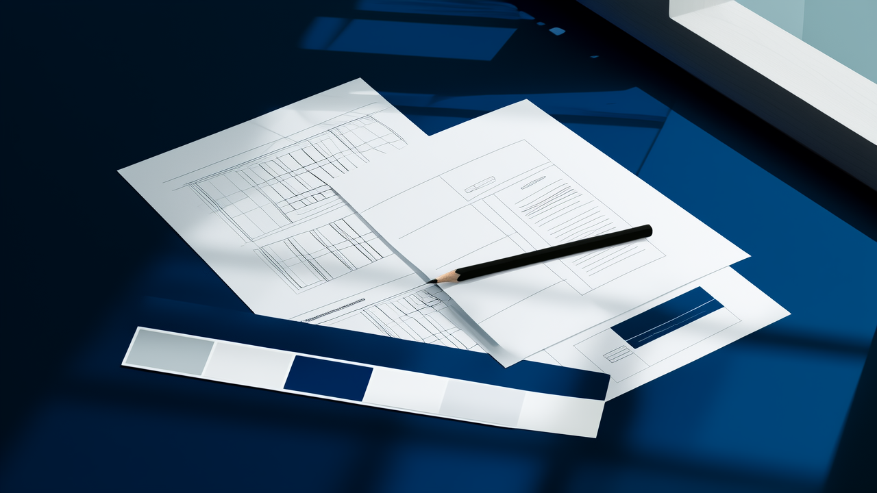Website wireframe sketches and colour swatches on a desk
